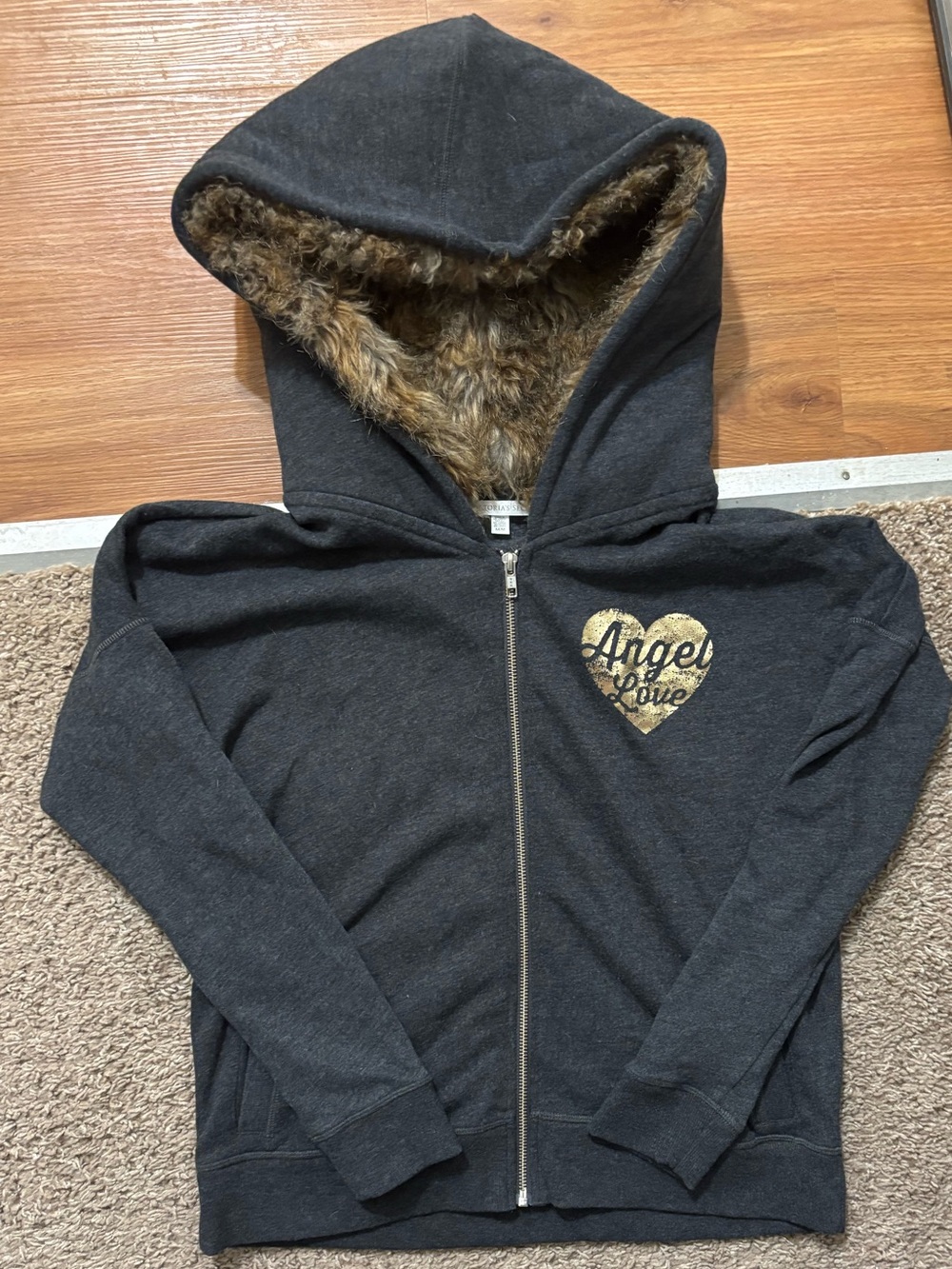 Woman’s Md Charcoal Hooded Jacket with Faux-Fur Lining and Gold Heart